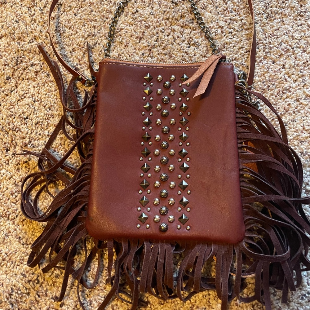 Brown Fringe Studded Leather Crossbody bag